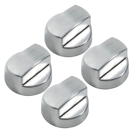 Set of four stainless steel replacement ventilation hood knobs for Sub-Zero Wolf range hoods.