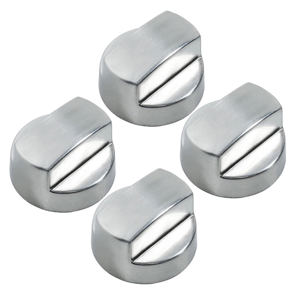 Set of four stainless steel replacement ventilation hood knobs for Sub-Zero Wolf range hoods.