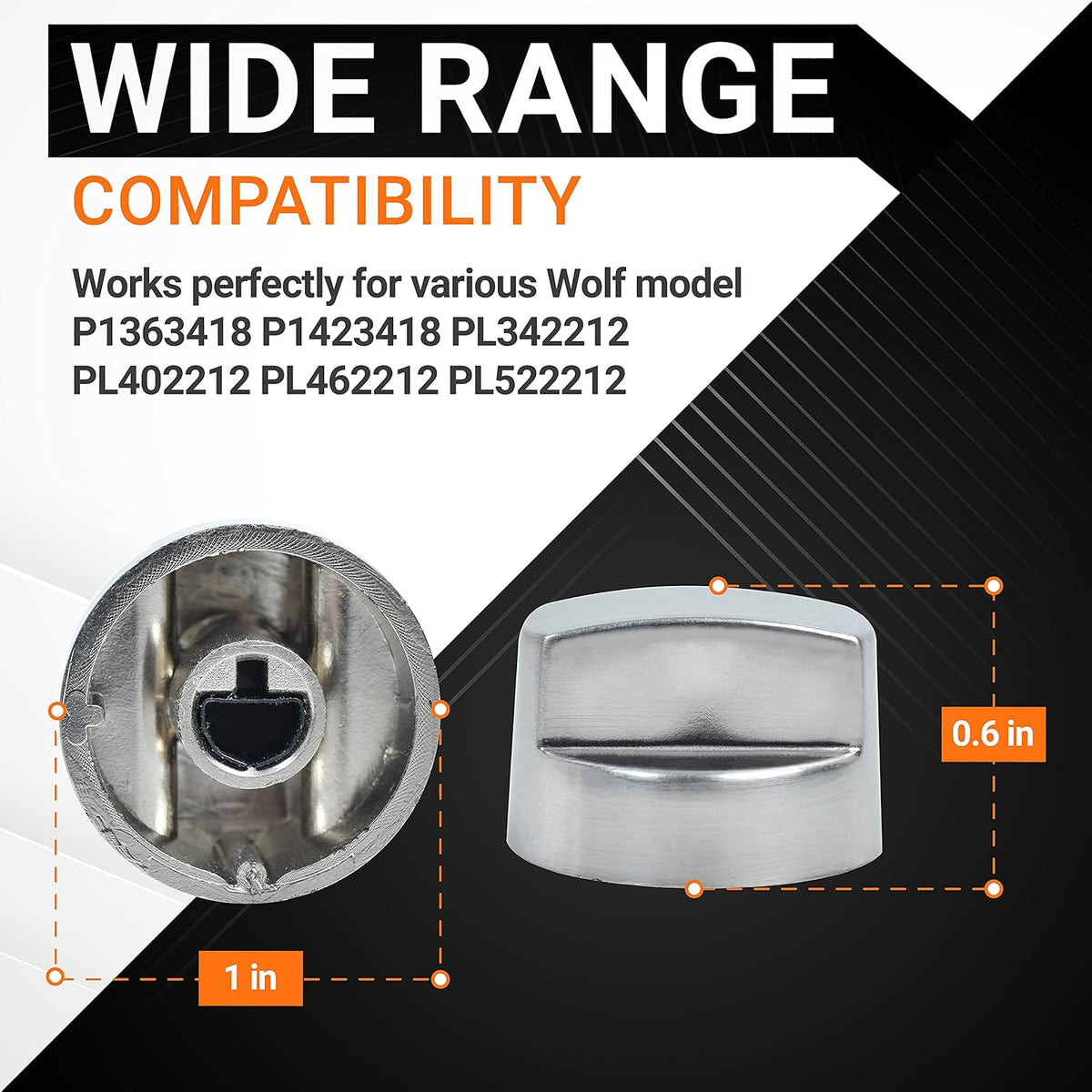 Dimensions diagram of 811195 Wolf ventilation hood replacement knob showing 1-inch diameter and 0.6-inch height.