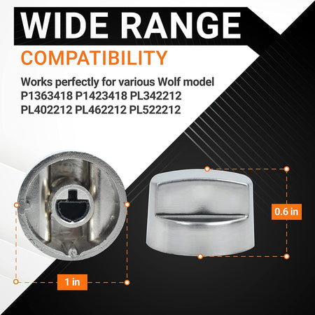 Dimensions diagram of 811195 Wolf ventilation hood replacement knob showing 1-inch diameter and 0.6-inch height.
