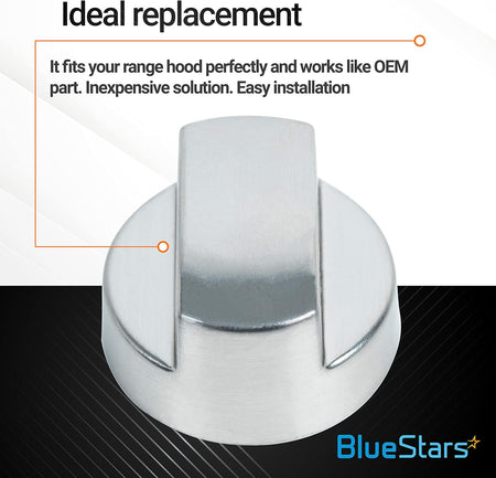 Close-up of a single silver ventilation hood replacement knob for Sub-Zero Wolf range hoods.