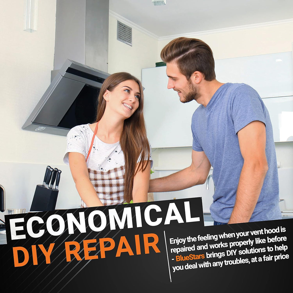 Couple in a kitchen with a Wolf ventilation hood, promoting economical DIY repair solutions for appliance parts.