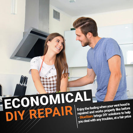 Couple in a kitchen with a Wolf ventilation hood, promoting economical DIY repair solutions for appliance parts.