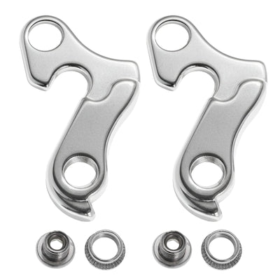 Two aluminum alloy bicycle derailleur hangers with mounting bolts for mountain and road bike frames.