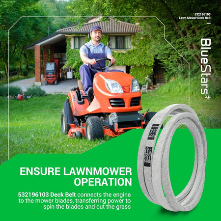 196103 lawn mower deck belt for 54-inch Ariens, Husqvarna, and Craftsman mowers shown in a promotional lifestyle graphic.