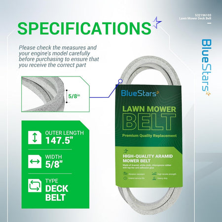 Specification chart for 196103 lawn mower deck belt showing 147.5-inch length and 5/8-inch width dimensions.