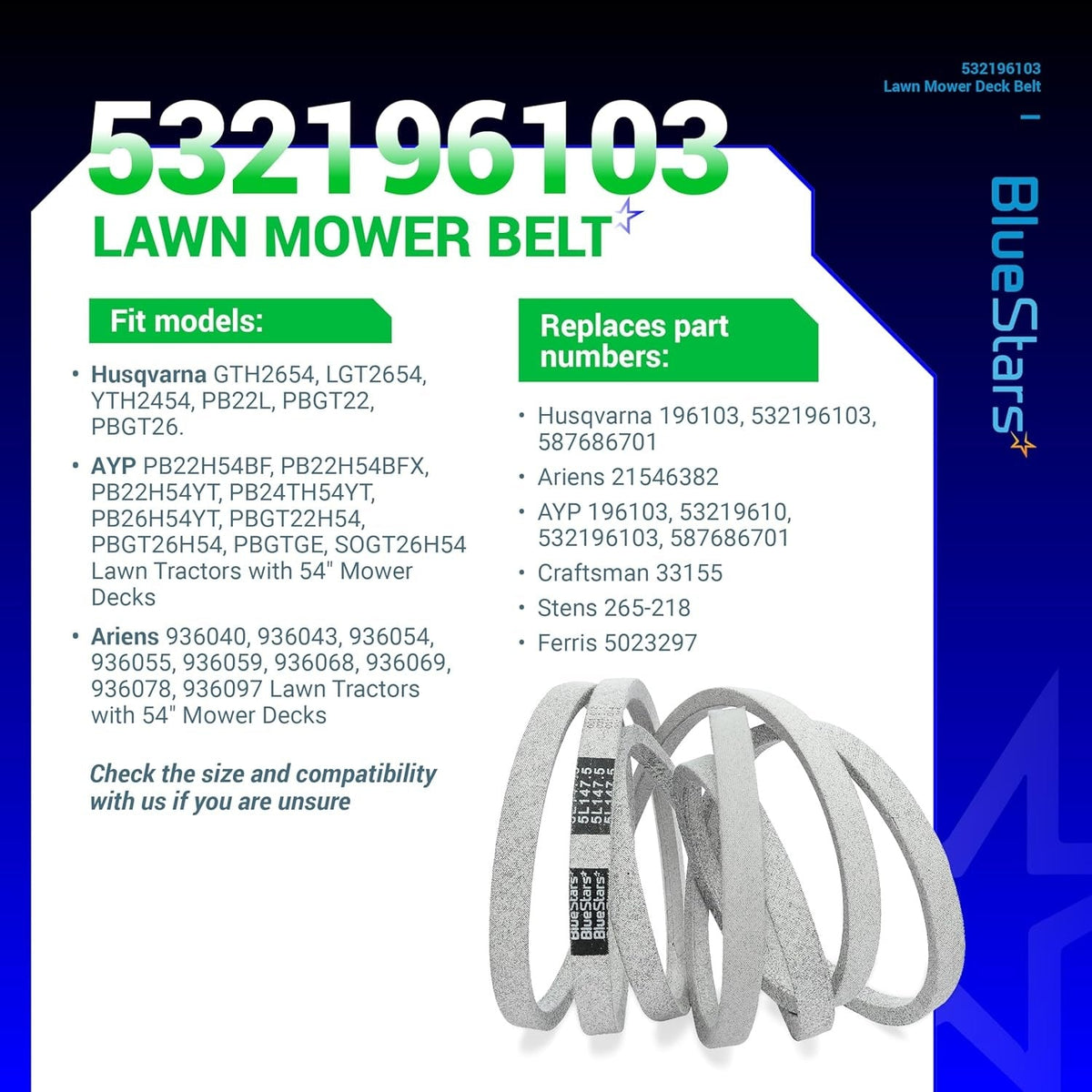 Informational graphic for 532196103 lawn mower deck belt showing compatibility and replacement part numbers.