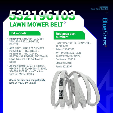 Informational graphic for 532196103 lawn mower deck belt showing compatibility and replacement part numbers.