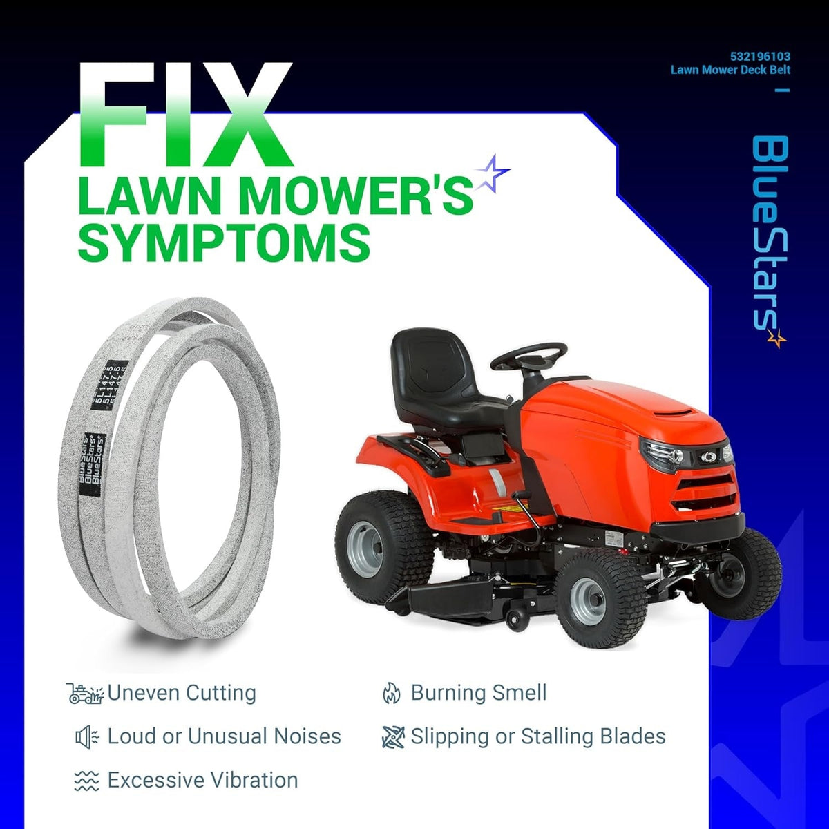196103 lawn mower deck belt replacement for 54-inch decks, shown with a riding mower and common repair symptoms.