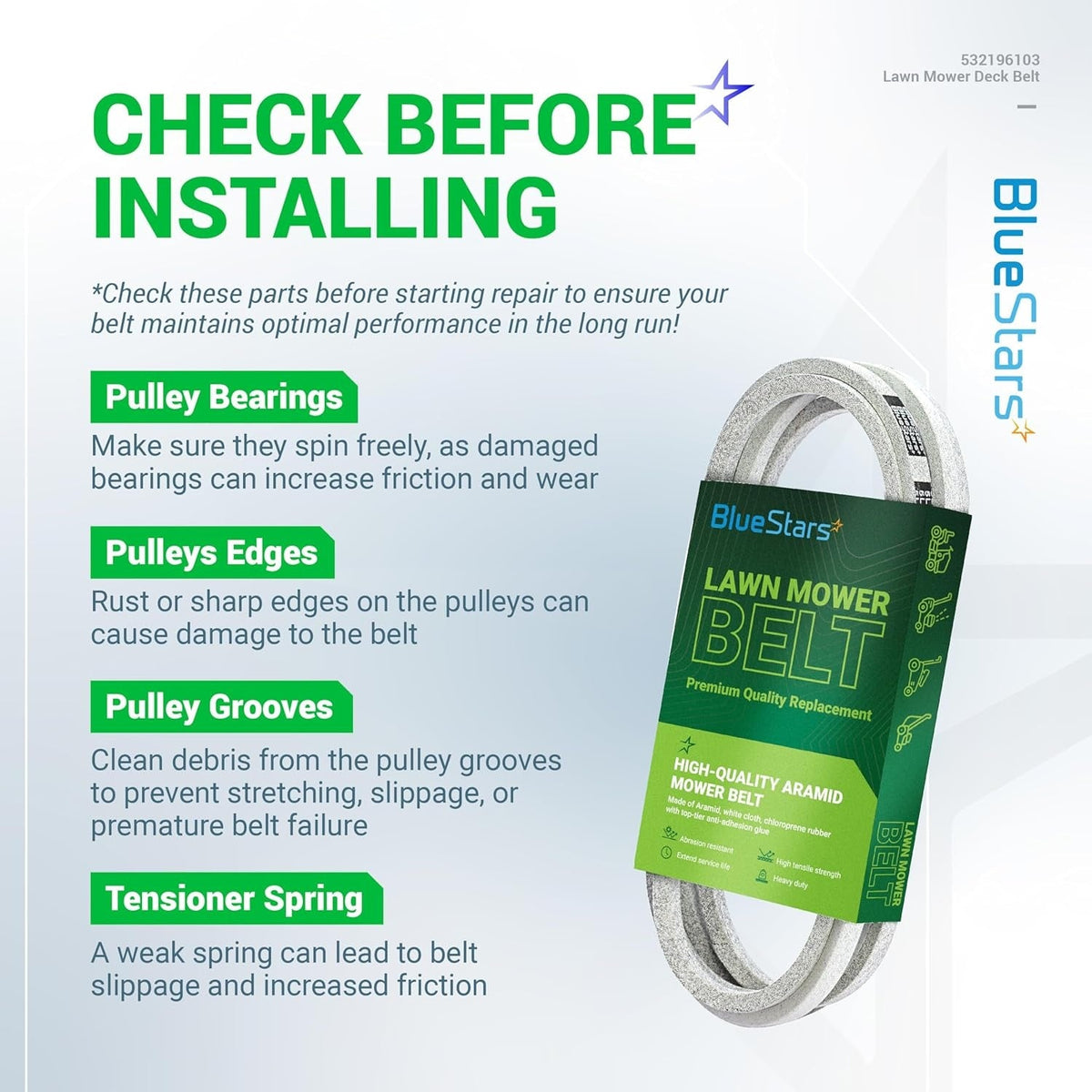 Installation guide for 196103 lawn mower deck belt showing pulley and tensioner maintenance tips.