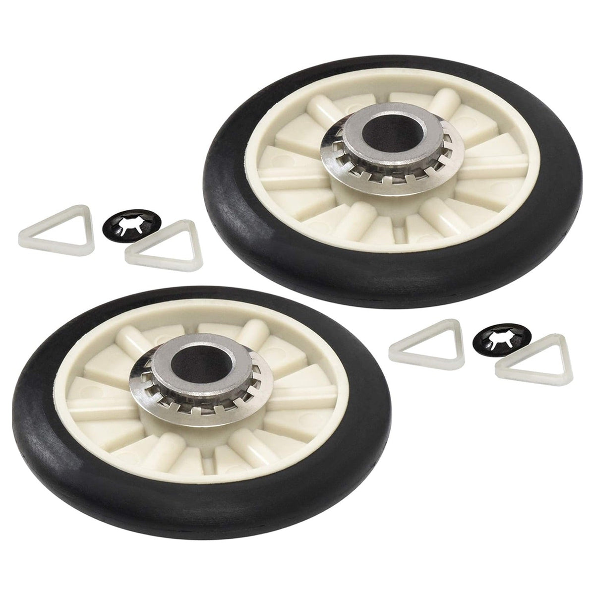 Two dryer rear drum support rollers with clips and washers for Kenmore and Whirlpool appliances.