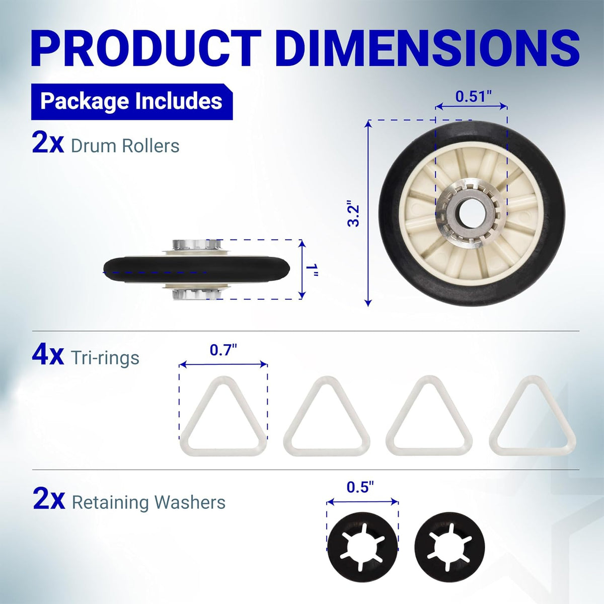 349241T Dryer Rear Drum Support Roller Kit dimensions diagram showing 2 rollers, 4 tri-rings, and 2 retaining washers