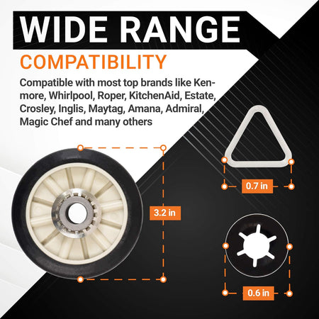 Infographic showing dimensions and compatibility for 349241T dryer rear drum support roller kit components.
