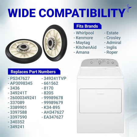 349241T Dryer Rear Drum Support Roller Kit shown with two rollers, compatible brands and replacement part numbers