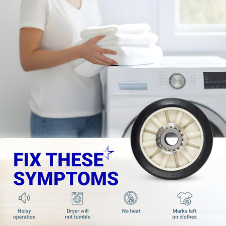 349241T Dryer Rear Drum Support Roller Kit shown beside a dryer with symptom icons: noise, no tumble, no heat, marks