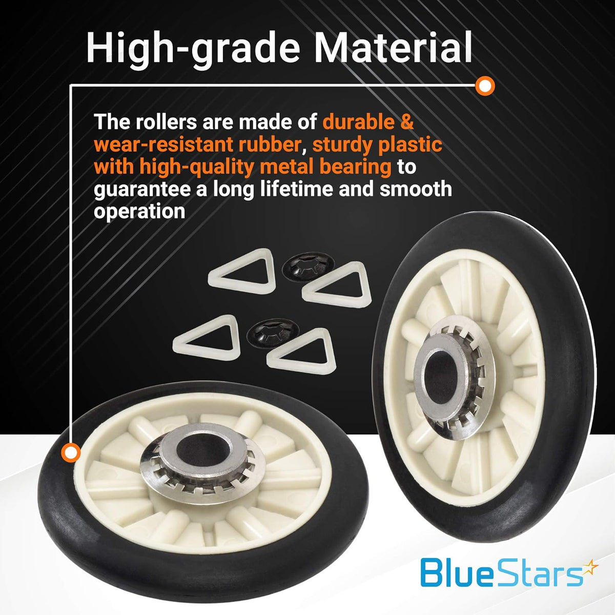 Dryer rear drum support rollers with metal bearings and hardware, highlighting durable rubber and plastic construction.