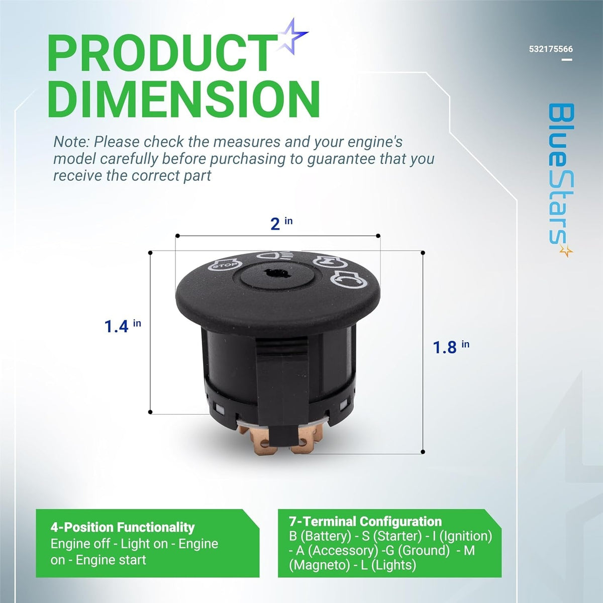 Dimension diagram of 532175566 GY20074 4-position 7-terminal ignition switch for lawn mowers.