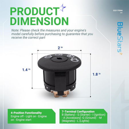 Dimension diagram of 532175566 GY20074 4-position 7-terminal ignition switch for lawn mowers.