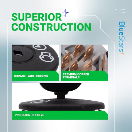 Infographic showing ignition switch features including ABS housing, copper terminals, and precision-fit keys.