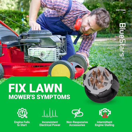 7-terminal ignition switch for lawn mowers shown in a repair infographic for fixing engine starting issues.