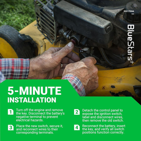 Installation guide for 532175566 ignition switch on a lawn mower engine showing step-by-step replacement instructions.