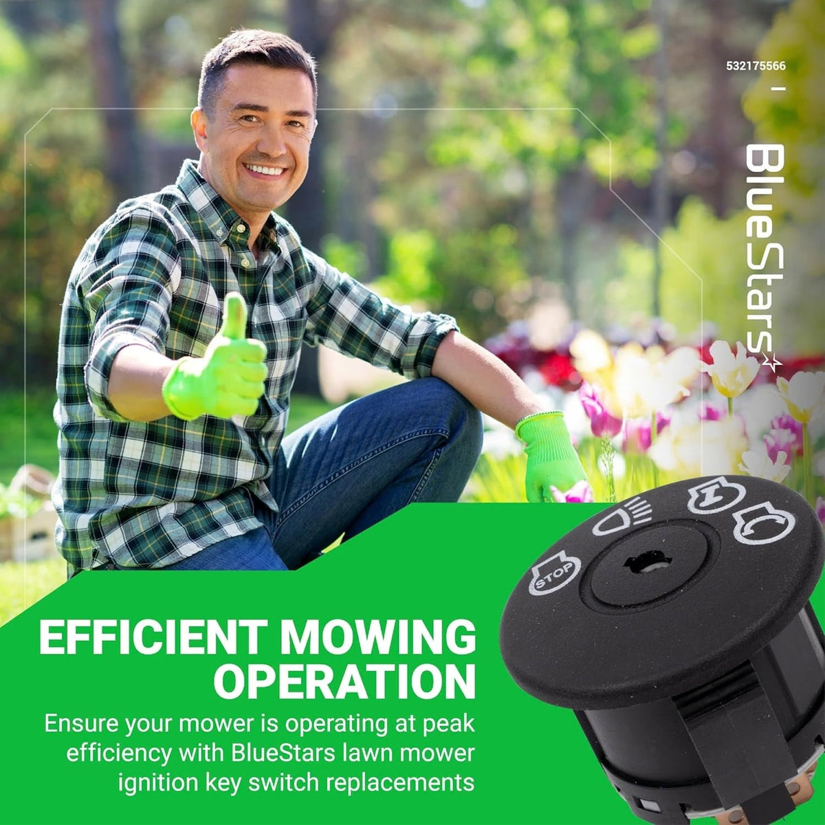 Promotional graphic featuring a 4-position 7-terminal ignition switch for lawn mowers with a smiling gardener.