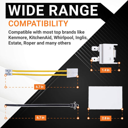 Infographic showing dimensions of 8193762 dishwasher fuse kit components including wiring, shield, and zip ties.