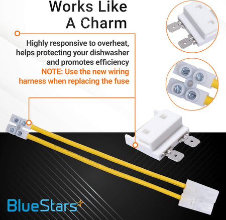 Dishwasher fuse kit with wiring harness and thermal fuse component for Kenmore, Whirlpool, and KitchenAid appliances.