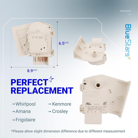 5304518034 refrigerator defrost timer showing dimensions and multiple angles for Frigidaire, Kenmore, and Whirlpool units.