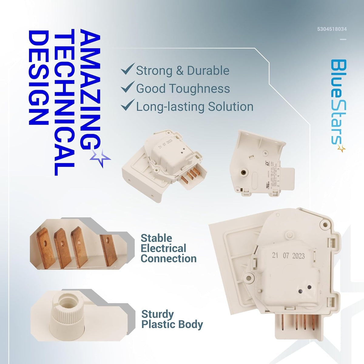 5304518034 refrigerator defrost timer showing multiple angles, electrical terminals, and durable plastic housing.