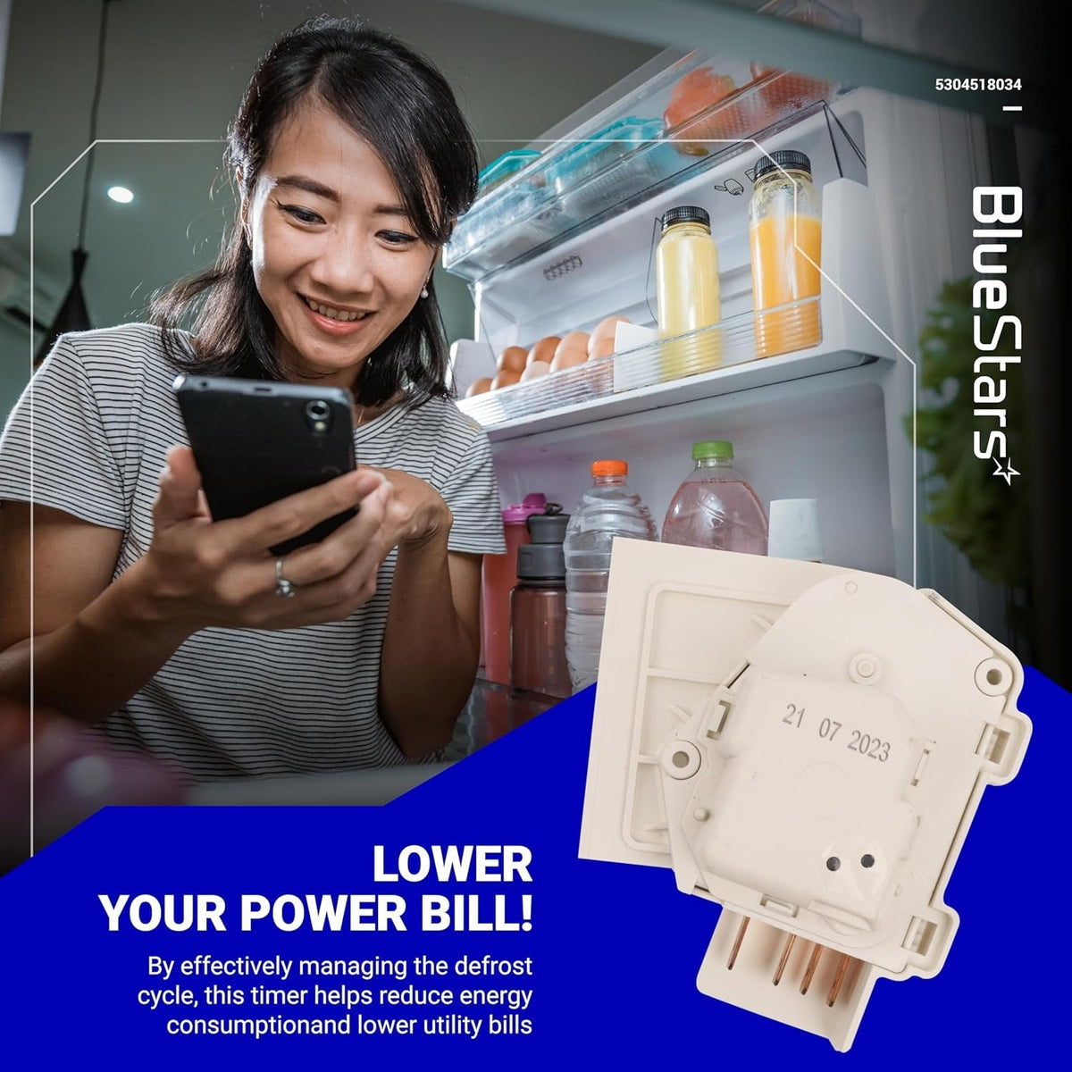 5304518034 refrigerator defrost timer replacement part shown in a promotional graphic with a refrigerator background.