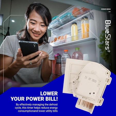 5304518034 refrigerator defrost timer replacement part shown in a promotional graphic with a refrigerator background.