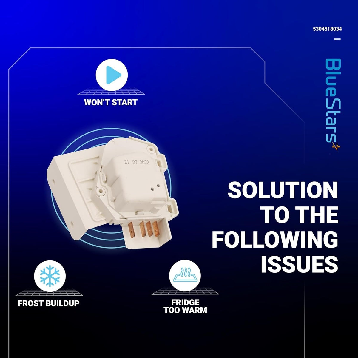 5304518034 refrigerator defrost timer infographic showing solutions for fridge issues like frost and temperature problems.