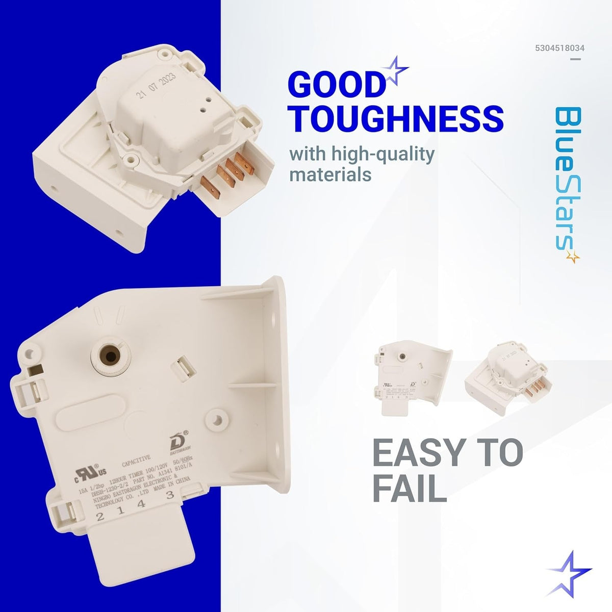 5304518034 refrigerator defrost timer showing front and back views with technical specifications and branding.