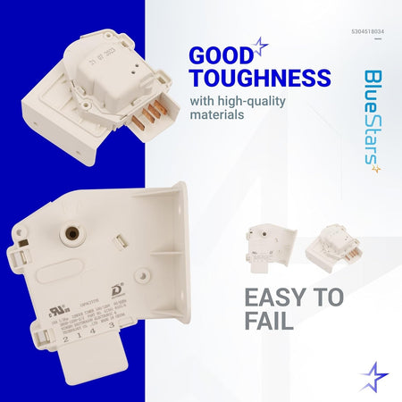 5304518034 refrigerator defrost timer showing front and back views with technical specifications and branding.
