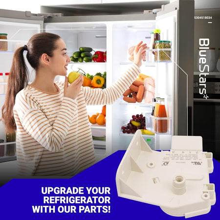 5304518034 refrigerator defrost timer replacement part shown with a woman reaching into a refrigerator.