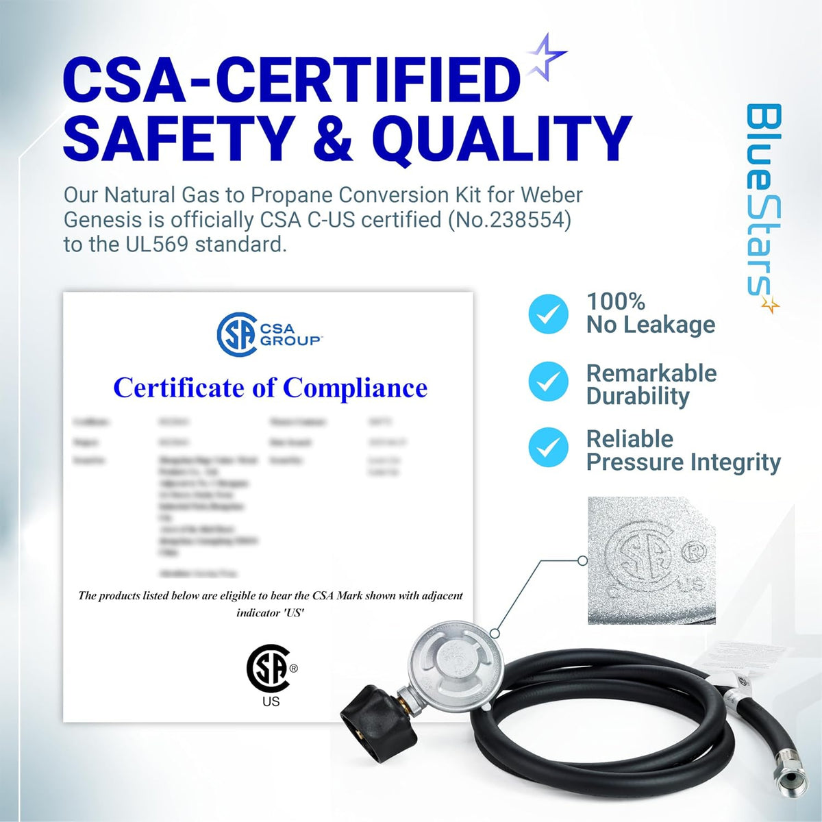 Natural Gas to Propane Conversion Kit for Weber Genesis showing CSA certification, regulator, hose, and connector