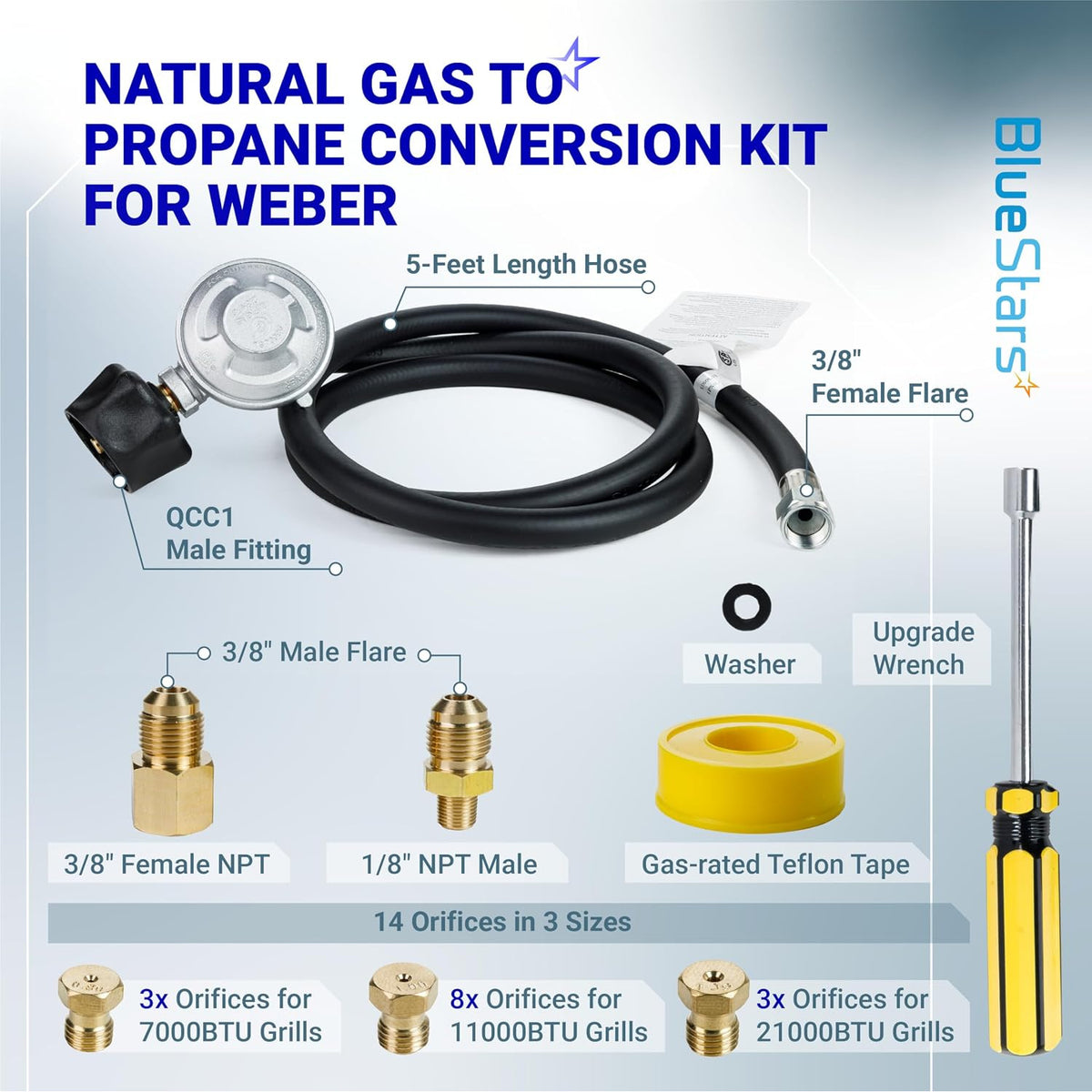 Natural Gas to Propane Conversion Kit for Weber Genesis, showing hose, fittings, orifices, washer, tape, and upgrade wrench