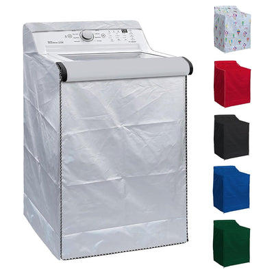 Silver waterproof top-load washing machine cover with multiple color options displayed on the side.