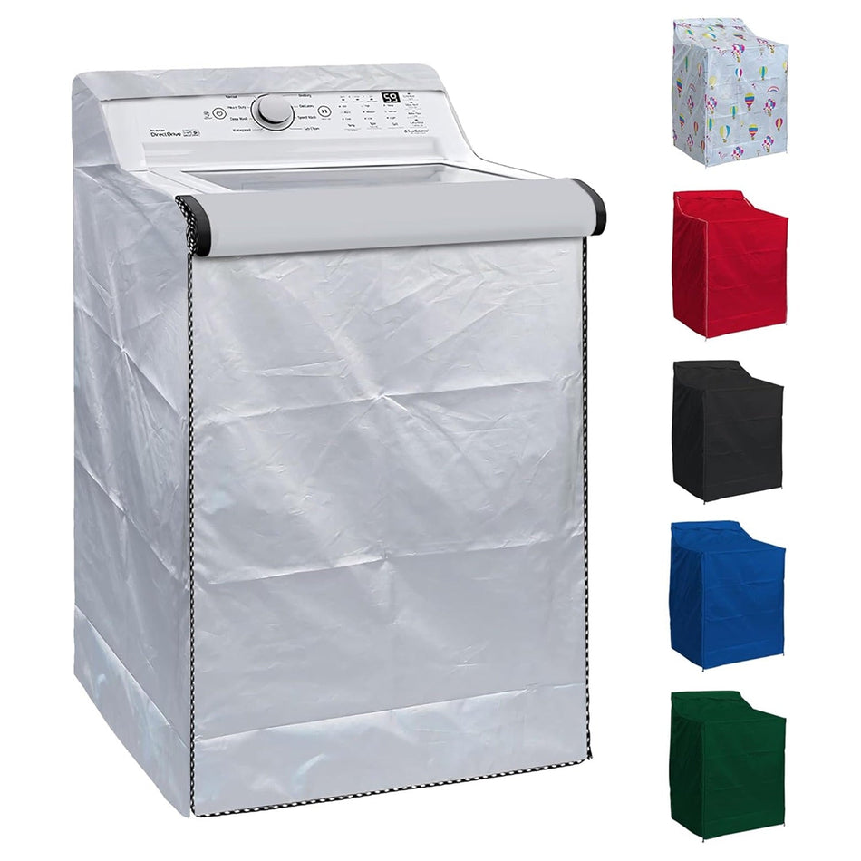 Silver waterproof top-load washing machine cover with multiple color options displayed on the side.