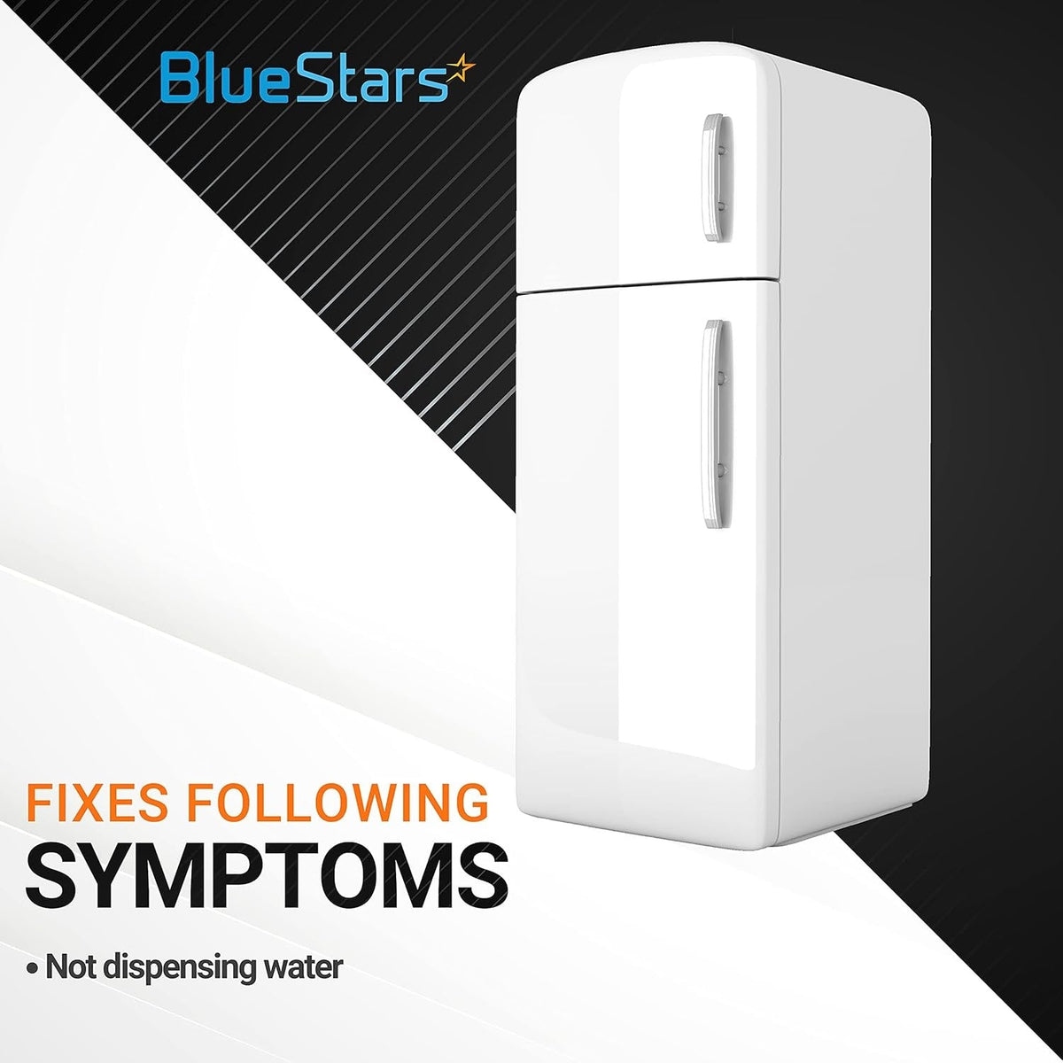 Graphic showing a white refrigerator and text indicating the water dispenser actuator fixes not dispensing water.