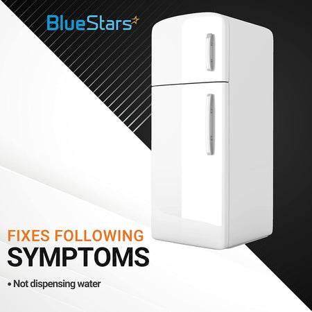 Graphic showing a white refrigerator and text indicating the water dispenser actuator fixes not dispensing water.