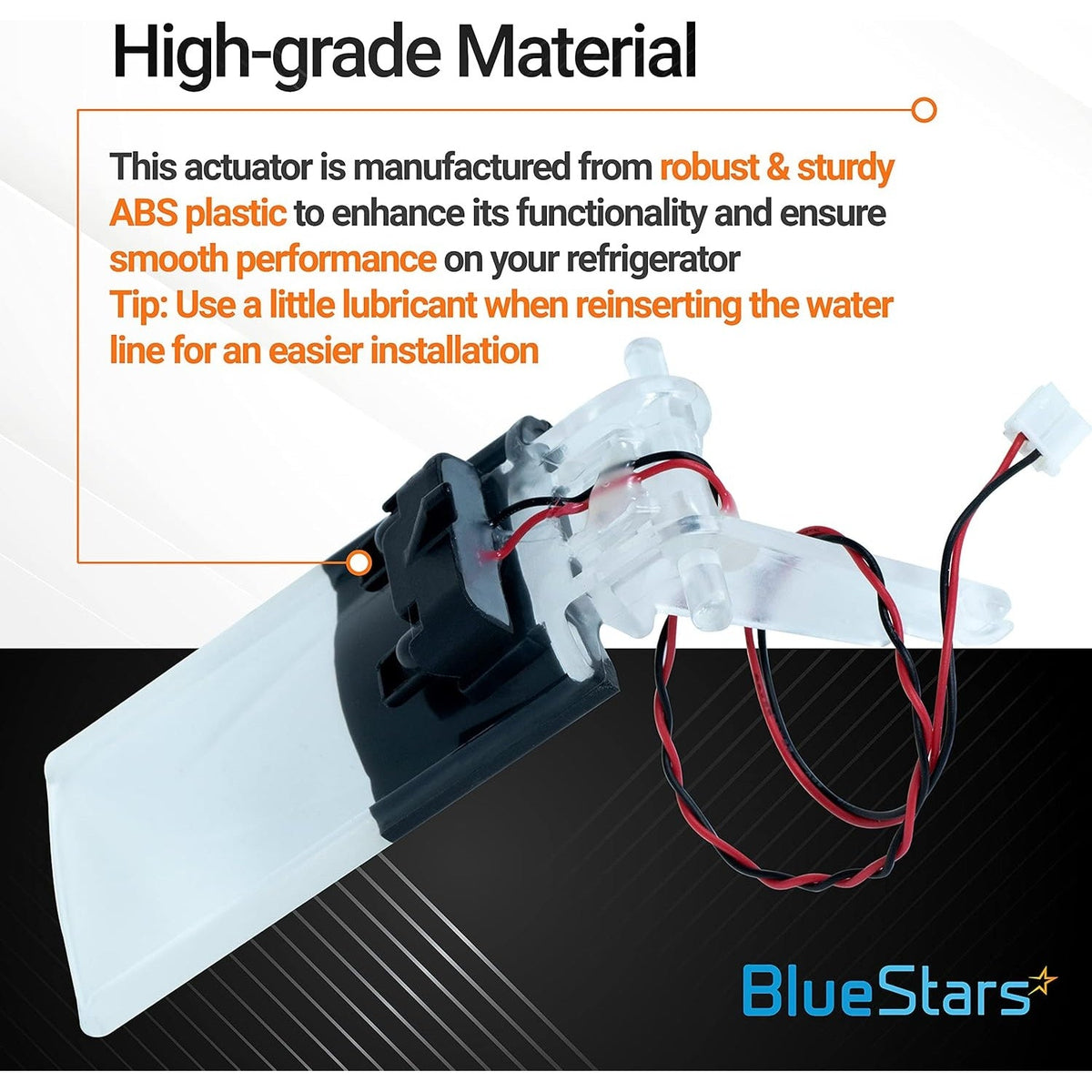 Refrigerator water dispenser actuator replacement part with wiring harness and installation tip graphic.