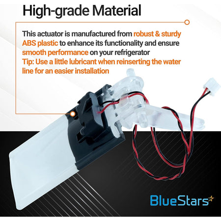 Refrigerator water dispenser actuator replacement part with wiring harness and installation tip graphic.