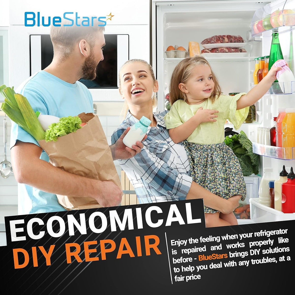 Happy family using a refrigerator, promoting economical DIY repair for Frigidaire and Kenmore refrigerator parts.