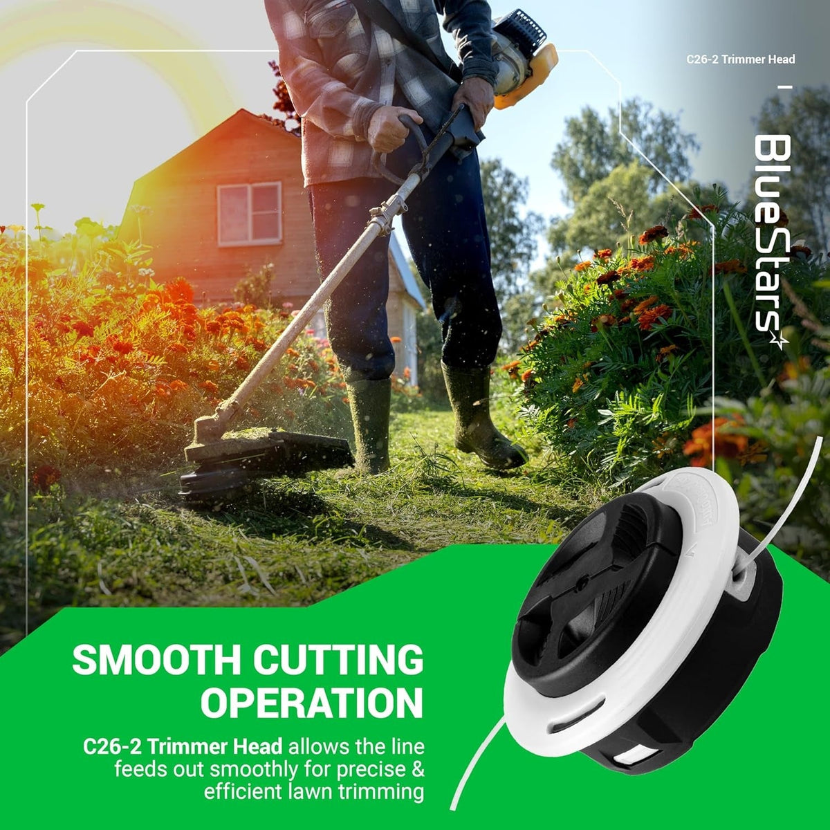 C26-2 dual line trimmer head shown in a lifestyle graphic with a person using a string trimmer in a garden.