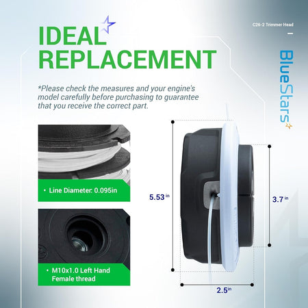 C26-2 dual line trimmer head showing dimensions, 0.095in line diameter, and M10x1.0 left-hand female thread.
