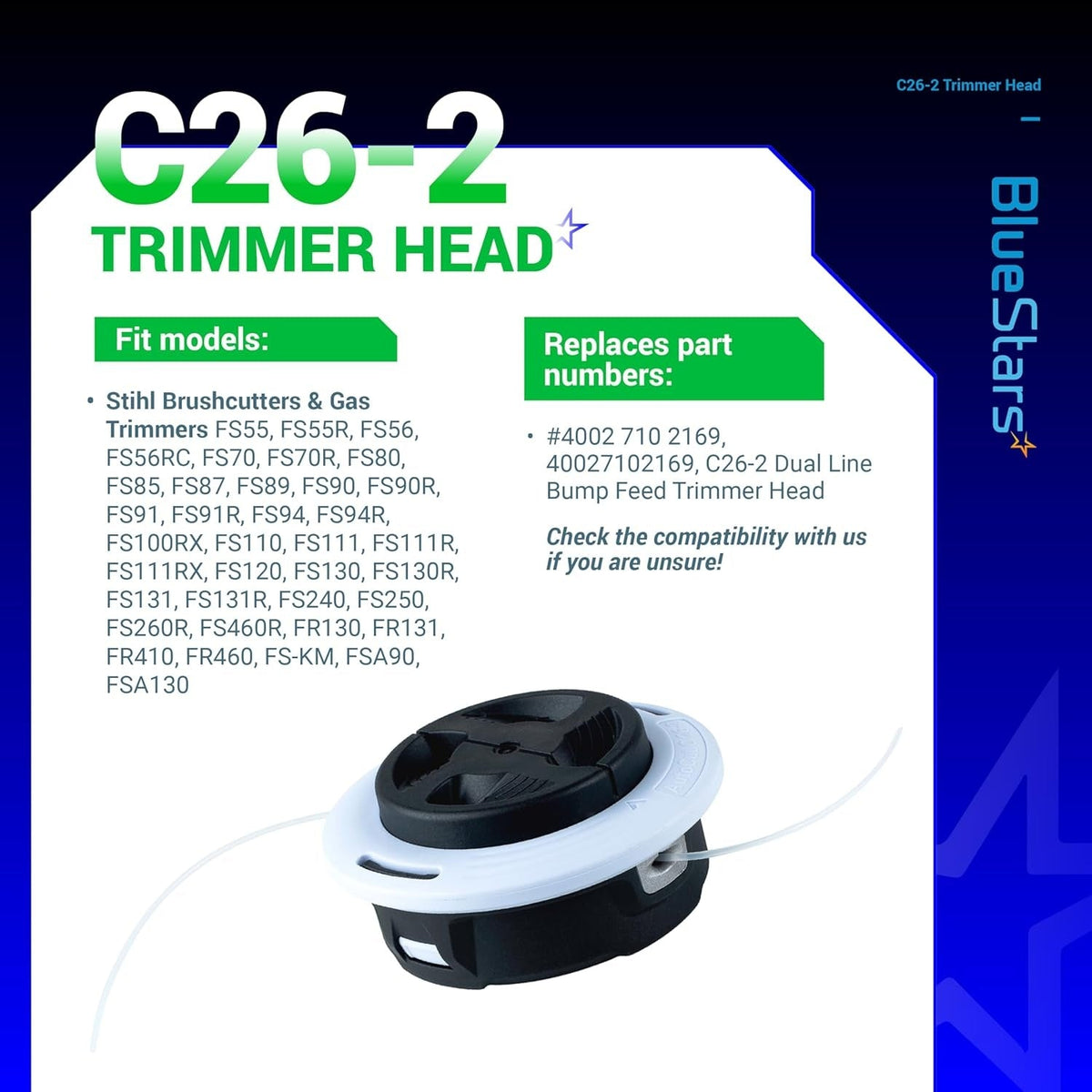 C26-2 dual line bump feed trimmer head for Stihl brushcutters with compatibility and part number information infographic.