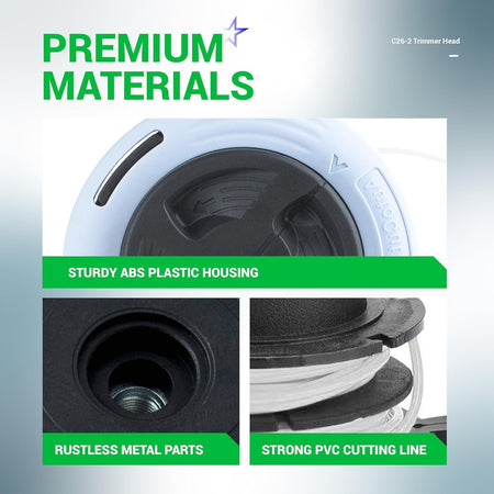 Close-up detail of C26-2 dual line trimmer head showing ABS housing, metal internal parts, and PVC cutting line.