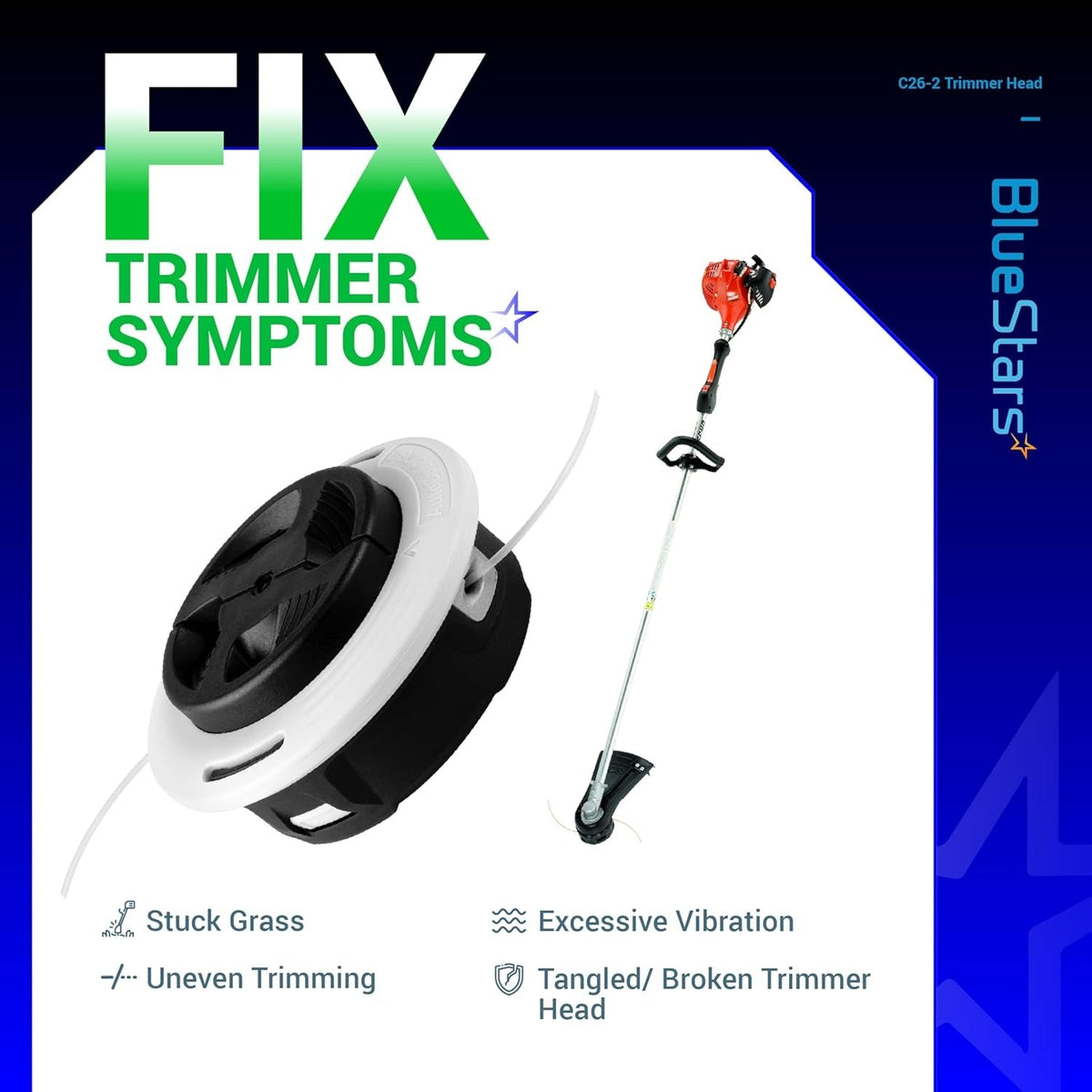 C26-2 dual line trimmer head for Stihl string trimmers with infographic showing common repair symptoms.